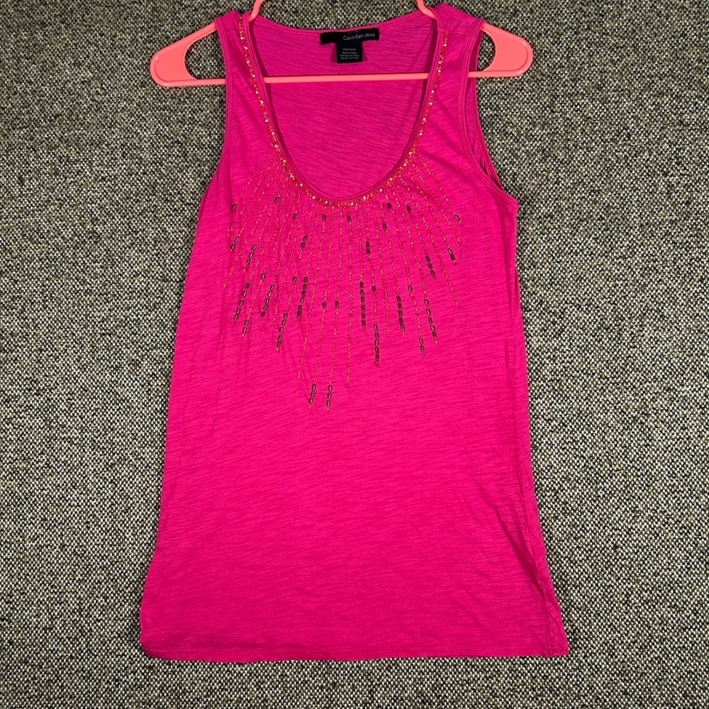 Calvin Klein Jeans Tank Top Womens XS Pink Beaded Sunburst Scoop Neck WF21L06
